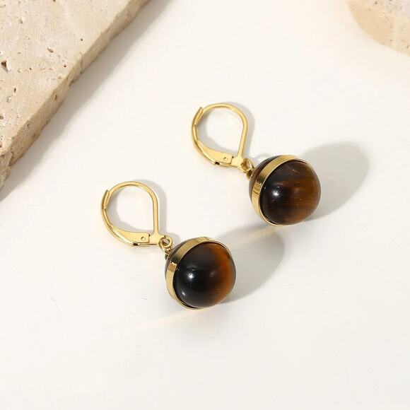 Natural Tiger Eye Ball Agate Pendant Earrings 14K Gold‎ Plated Stainless Steel - Picture 6 of 7